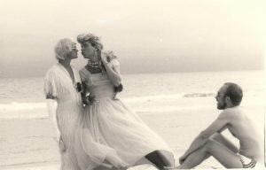 My lover Robert Trow with two friends in drag on Fire Island, mid-70s.